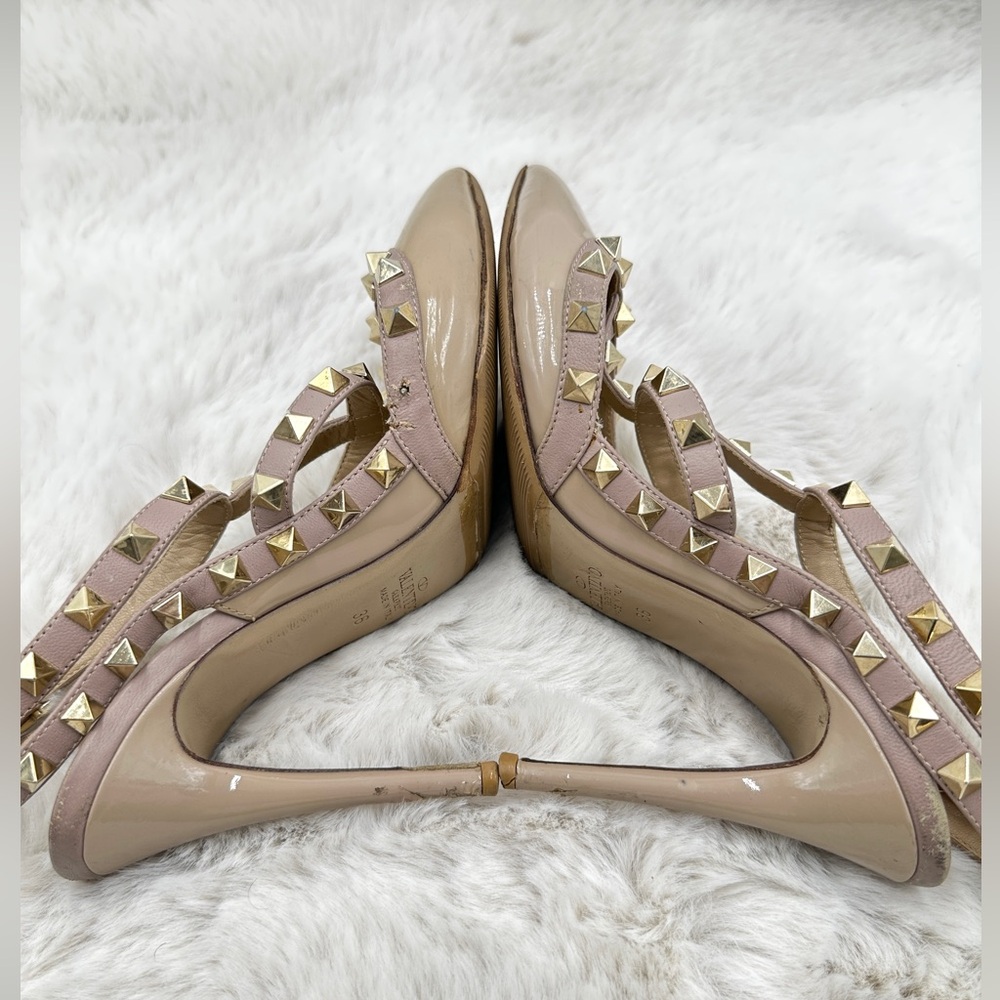Valentino Rockstud T-‎ Strap Pointed Toe Pump tan heels 36 US 6 - Picture 9 of 16